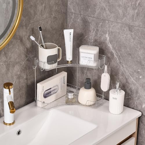 2-Tier Corner Bathroom Organizer Countertop with Hooks - Image 4