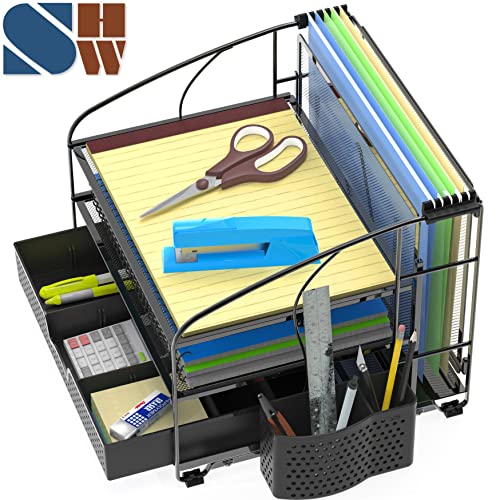 Simple Houseware 3-Tier Desk Organizer with Sliding Drawer, Black - Image 3