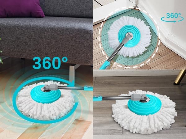 Stainless Steel Extendable Mop Handle with 2 Microfiber Replacement Heads & 360° Rotating Base Plate — Fits Standard Mop Buckets -Blue