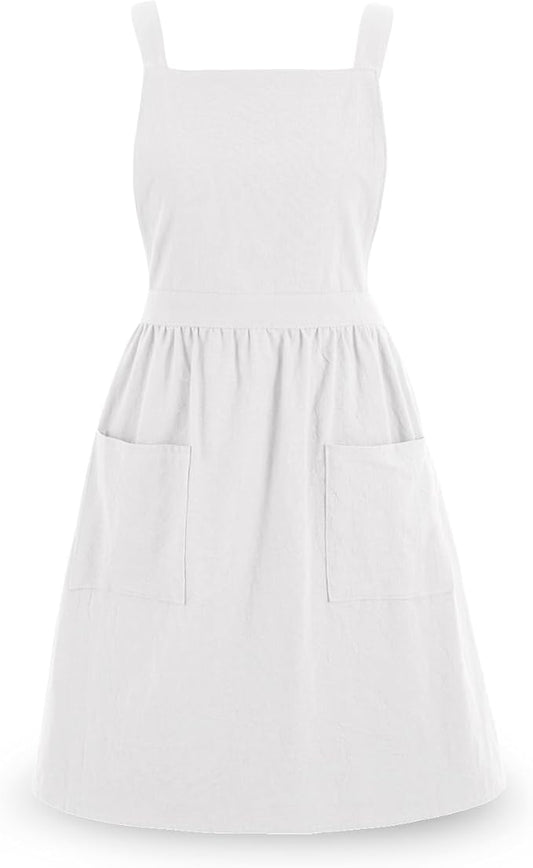 Cotton Linen Pinafore Apron Dress for Women with Pockets Cute Art Chef Aprons for Kitchen Baking Gardening Painting