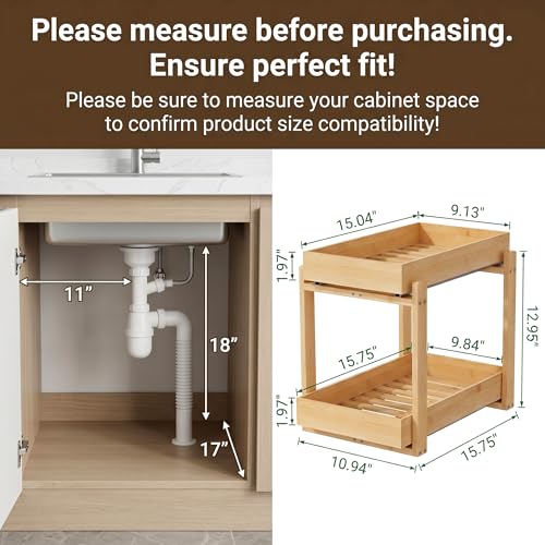 Bamboo Under Sink Storage 2 Tier Pull Out Cabinet Organizer - Image 3