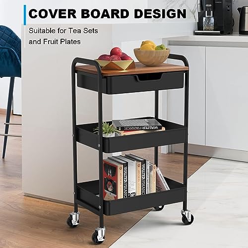 3 Tier Rolling Cart with Drawer, Metal Utility Cart with Table - Image 5