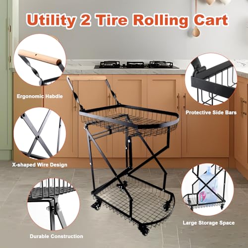 2-Tier Folding Metal Shopping Cart On Wheels,Collapsible Utility - Image 3