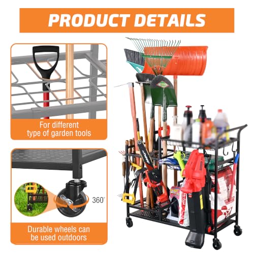 Rolling Garden Tool Organizer with Shelves and Hooks, Black - Image 4
