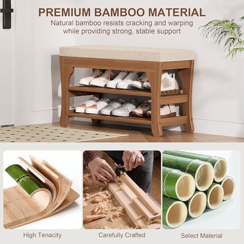 27.6" Shoe Storage Bench with Cushion, Bamboo Shoe Rack Bench - Image 6
