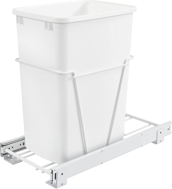Rev-A-Shelf Steel Pullout Waste Container with Single Trash Can, 35 Quart, White - Sliding Garbage Bin System for Kitchen or Bathroom Base Cabinets, RV-12PB
