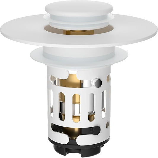 Hibbent Upgraded 3 in 1 Bathroom Sink Drain Strainer, Universal Pop Up Stopper with Removable Stainless Steel Filter Basket Hair Catcher, Sink Plug for 1.1''~2.36'' Basin, Brass Bullet Core, White