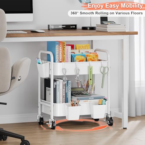 2 Tier Small Rolling Cart Metal with Wheels, White Under Desk - Image 3
