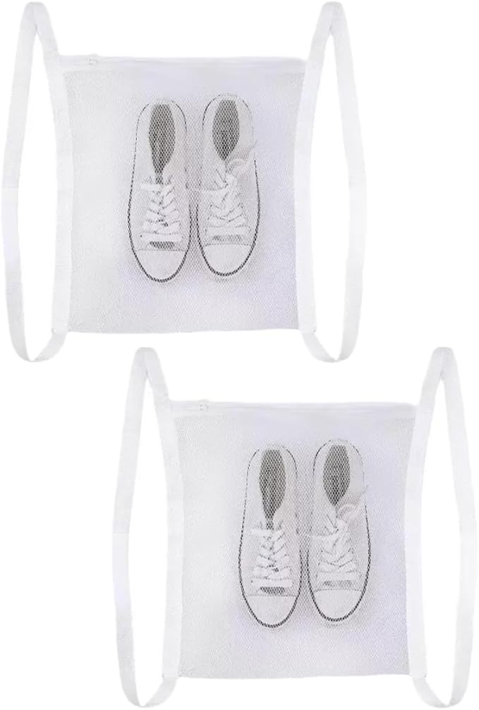2 PCS white Shoe Drying Bag, Laundry Shoe with Zipper Strap Large Honey Comber Mesh for Dryer, shoes Washing Machine