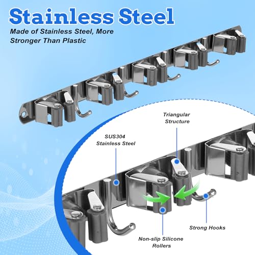 2 Pack Heavy Duty Wall Mount Broom Holder – Stainless | Garage Storage - Image 4