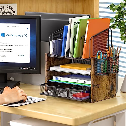DAOUTIME 4-Tier Mesh Desk Organizer, Wooden Desk File Organizer - Image 5
