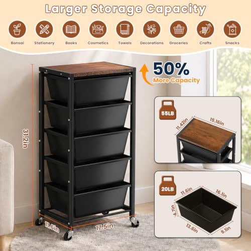 Rolling Cart with 5 Drawers, Plastic Drawer Storage Carts - Image 4