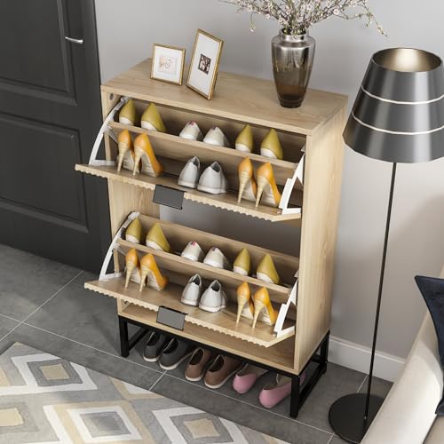 Shoe Storage Cabinet with 2 Flip Drawers Modern Fluted Shoe Rack - Image 6