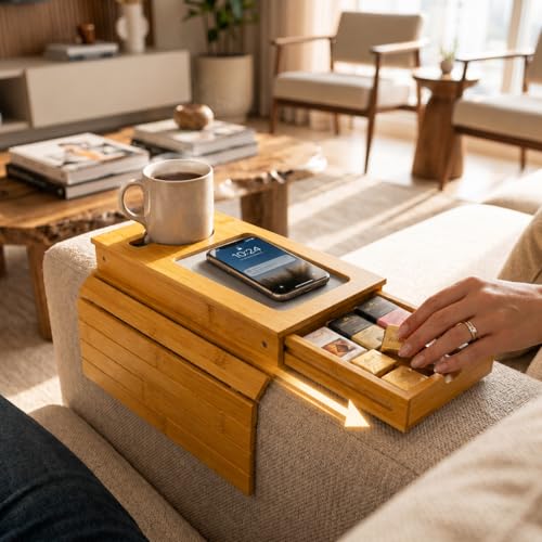 Sofa Arm Tray with Drawer, Bamboo Couch Armrest Table, Natural - Image 2
