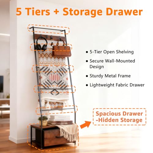 5-Tier Metal Blanket Ladder with Drawer, 63in Quilt Rack - Image 5