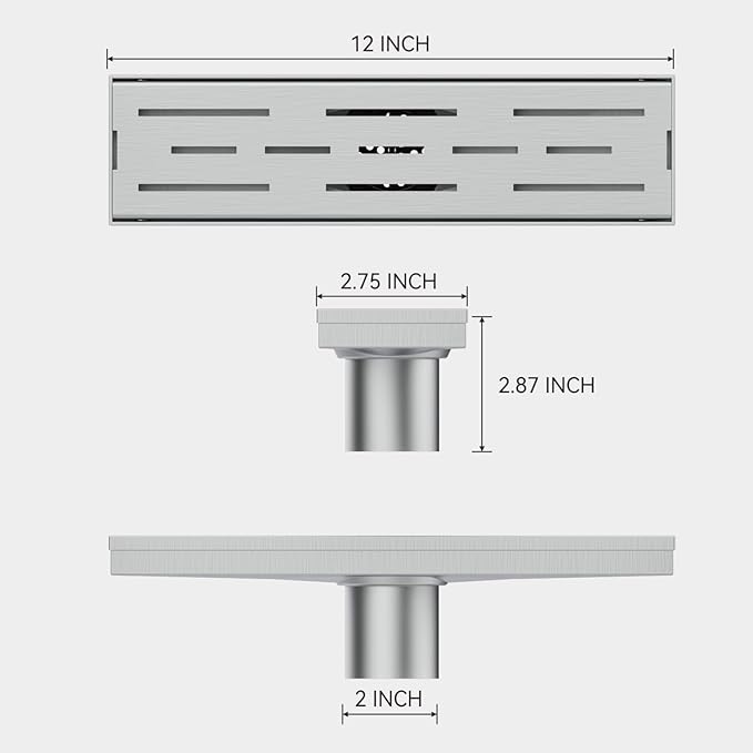 ELLO&ALLO 12 Inch Linear Shower Drain Brushed Nickel, SUS304 Stainless Steel Rectangle Shower Floor Drain with Removable Pattern Grate