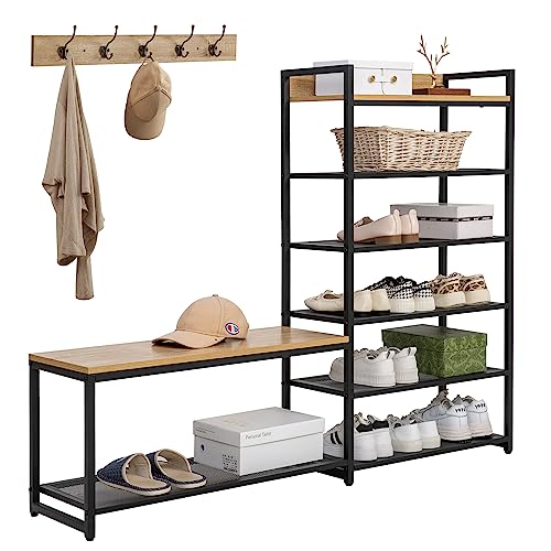 SUNTAGE 6-Tier Coat Rack Shoe Bench Set, Entryway Bench with 6 - Image 2