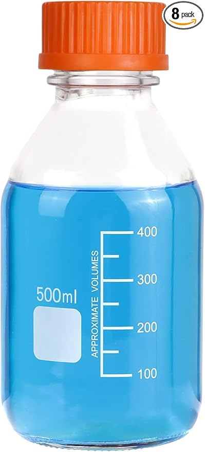 Lab Media Storage Round Bottles Graduated Glass Container GL45 Screw Cap Leakproof Multi-Purpose for Scientific | pack of 8 (Orange,500ml)
