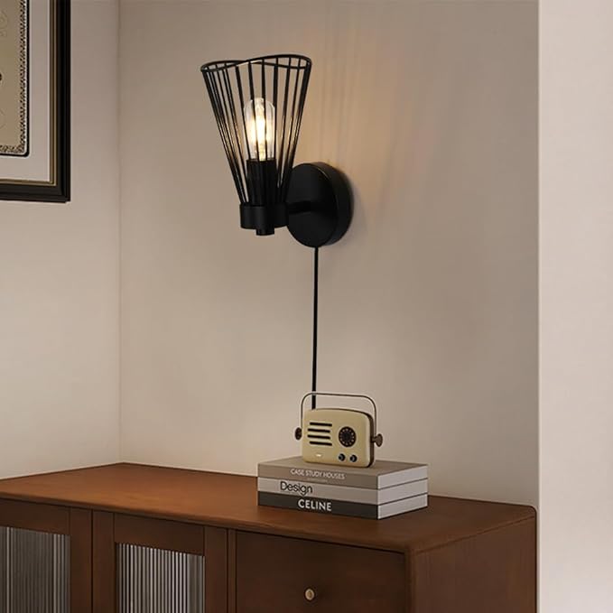 Plug in Wall Sconce Indoor Large Industrial Wall Sconces Farmhouse Wall Lamp with Plug in Cord Vintage Black Wall Lights with On/Off Switch Wall Light Fixture for Living Room Bedroom Rustic