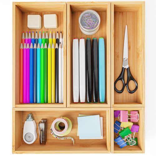 Bamboo Drawer Organizer Boxes, 5 PCS Junk Drawer Organizer - Image 2