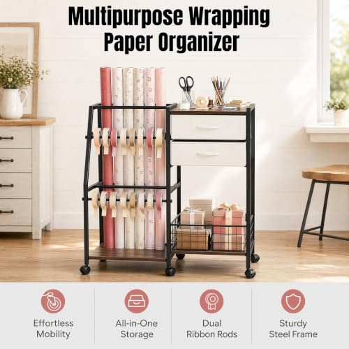 Wrapping Paper Storage Cart, Rolling Gift Wrap Rack with Wheels - Image 4