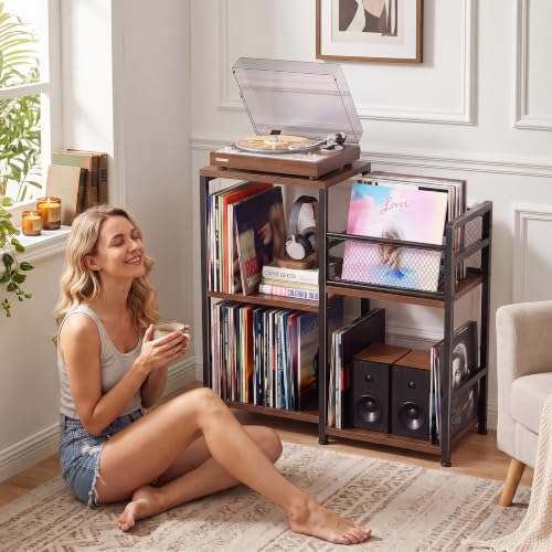 Record Player Stand with Outlet and Vinyl Storage, Warm Acacia - Image 3