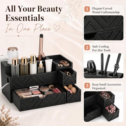 Hair Tool Organizer with 3 Drawer Wooden Blow Dryer Holder, Black - Image 4