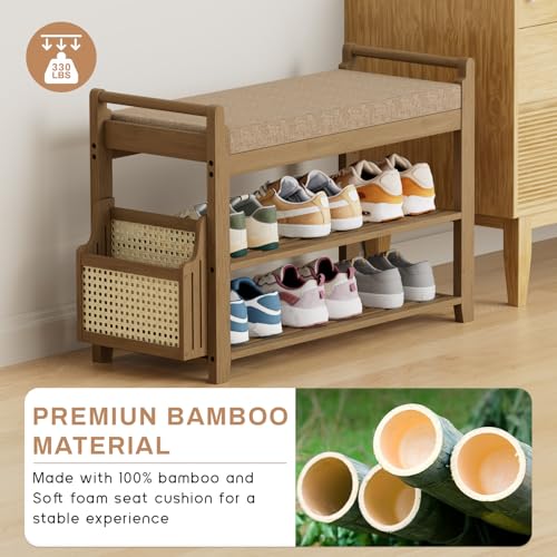 Homaxy 2-Tier Shoe Rack Bench, 28.2 in, Walnut and Light Brown - Image 5