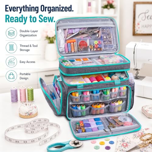 AMOIGEE Double Layer Sewing Organizer Bag with 2 Clear Storage - Image 3