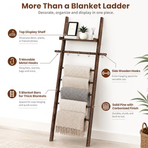 6-Tier Farmhouse Wooden Blanket Ladder with Shelf | Garage Storage - Image 5