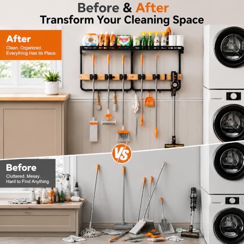 Mop and Broom Holder Wall Mount with Railing Shelf,3-in-1 - Image 5