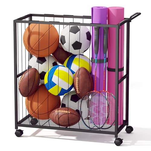 Ball Storage Bin Rolling Sports Ball Cart, Black - Image 2