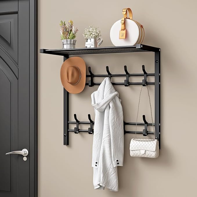 Wall Mount Coat Rack with Shelf and Adjustable Hooks - Entryway Towel Organizer for Bag and Hangers (Black, 24x24 inch)