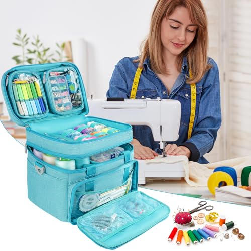 Double Layer Sewing Organizer Bag with Shoulder Strap, Blue - Image 7