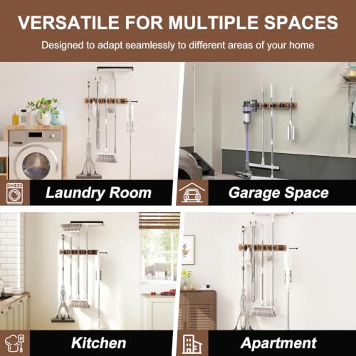 Broom Holder Wall Mount With Vacuum Cleaner Holder,Wood - Image 4