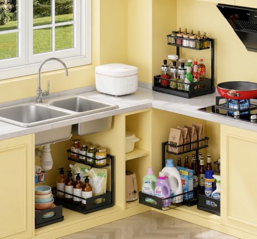 2 Tier Under Sink Organizer, Pull Out Sliding Drawer (Black) - Image 7