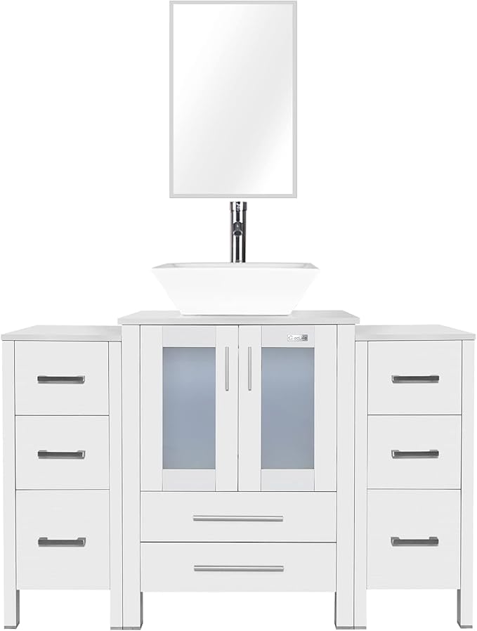 eclife 48" Modern Bathroom Vanity Sink Combo Freestanding Cabinet with Small Side Cabinet, White Square Ceramic Vessel Sink, Water Save Faucet, Drain (White+A07)
