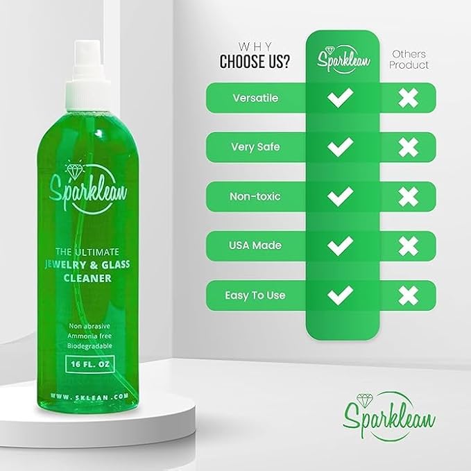 SPARKLEAN Jewelry & Glass Cleaner Spray (32 Oz) - Biodegradable, Ammonia-Free Solution for Gold, Silver & Diamond Rings - Safe for Ultrasonic Machines - Eco-Friendly - Bulk Size