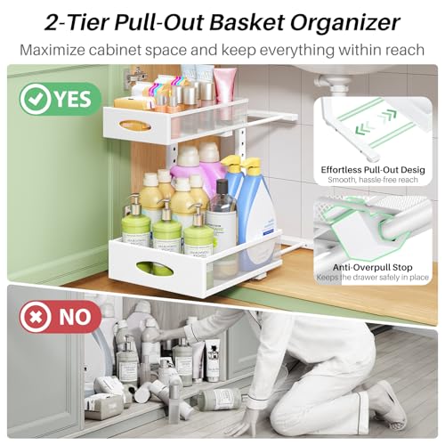 Under Sink Organizer, 2-Pack Pull Out Cabinet Organizer 2 Tier Metal Slide Out Storage Shelf Rack, L-Shaped Adjustable Height,Mesh Sliding Drawer for Kitchen, Bathroom, Laundry, Pa - Image 5