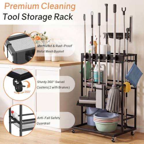 Cleaning Supply Organizer & Broom Holder, Cleaning Cart on Wheels - Image 6