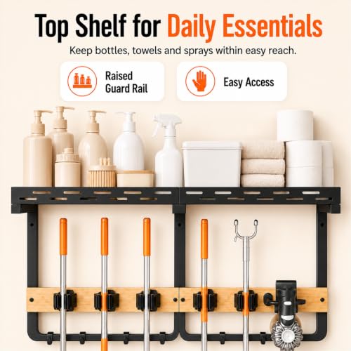 Large Broom Holder and Mop Organizer Wall Mount with Shelf - Image 5