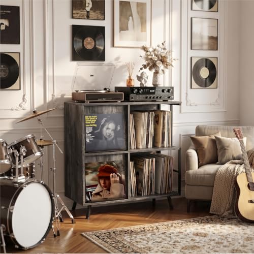 3 Tier Record Player Stand with Flip-Down Record Shelf, Gray - Image 3