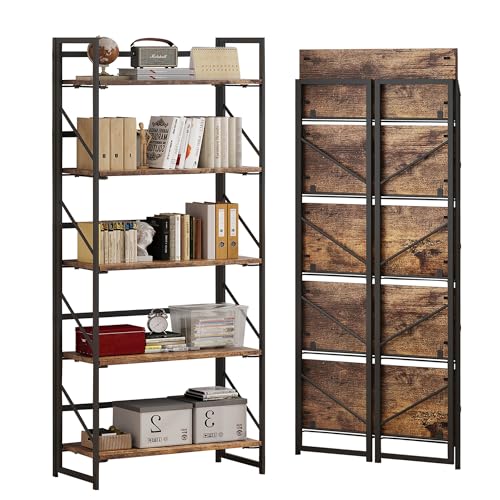 JSB No Assembly Folding Bookshelf, 5 Tier Industrial Metal - Image 2