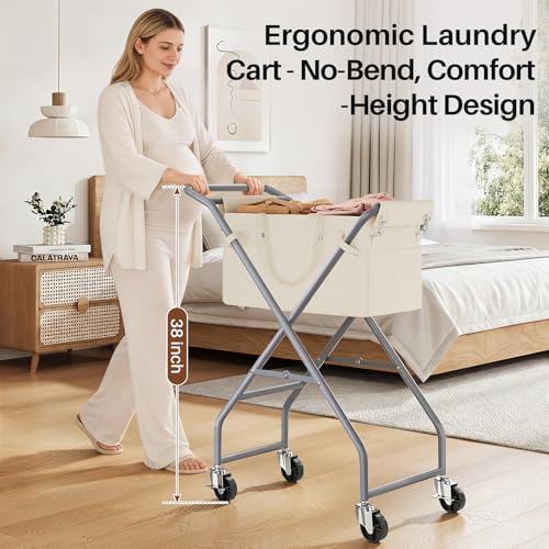 No-Bend Laundry Cart Rolling Hamper with Locking Wheels & - Image 6