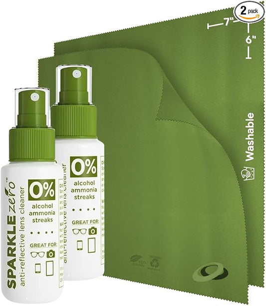 Sparkle Anti-Reflective Eco Friendly Lens Cleaner Spray Kit | (2x) 1oz Glasses Cleaner Bottle + (2x) Microfiber Cloth for Eyeglasses, Lenses, Screens and Sunglasses Cleaning Kit (4 Piece Set)