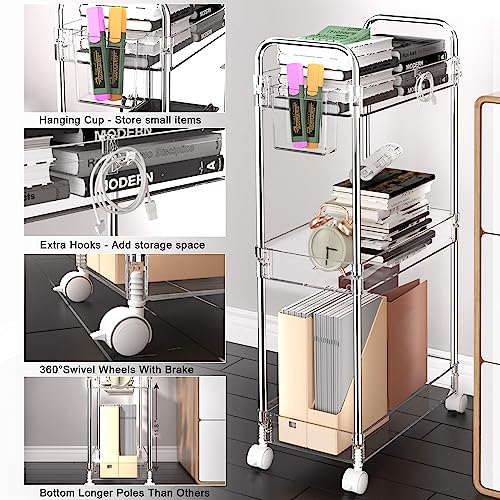 SPACEKEEPER 3 Tier Acrylic Storage Rolling Cart Clear Bathroom - Image 4