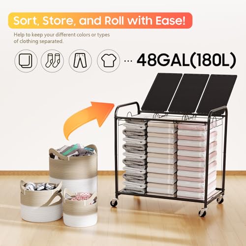 180L Laundry Sorter 3 Section, Rolling Laundry Basket with Wheels - Image 7