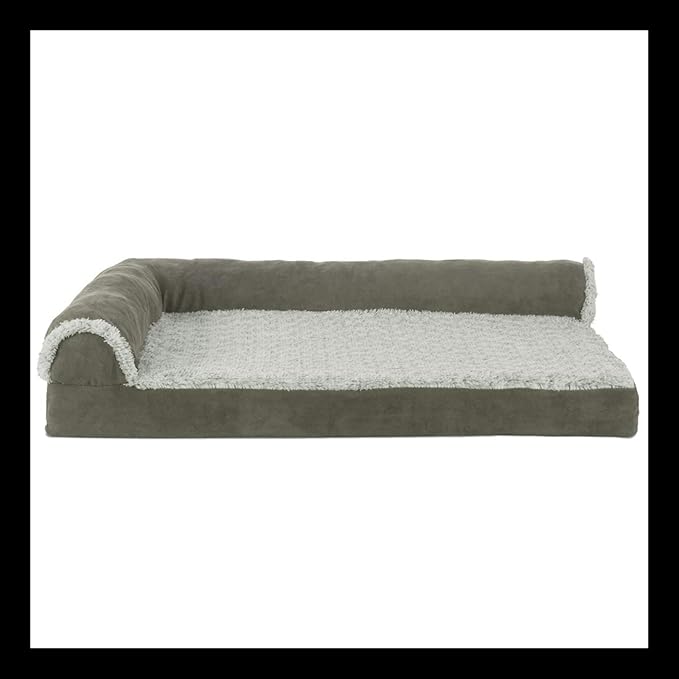 Furhaven Orthopedic Dog Bed for Large/Medium Dogs w/ Removable Bolsters & Washable Cover, For Dogs Up to 55 lbs - Two-Tone Plush Faux Fur & Suede L Shaped Chaise - Dark Sage, Large