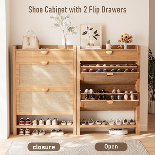 INNOD Rattan Shoe Storage Cabinet, Shoe Organizer with 2 Flip - Image 6