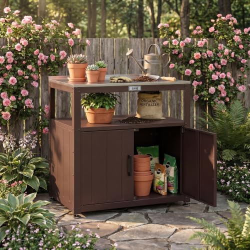 Feasto Metal Outdoor Potting Bench with Storage Cabinet - Image 3
